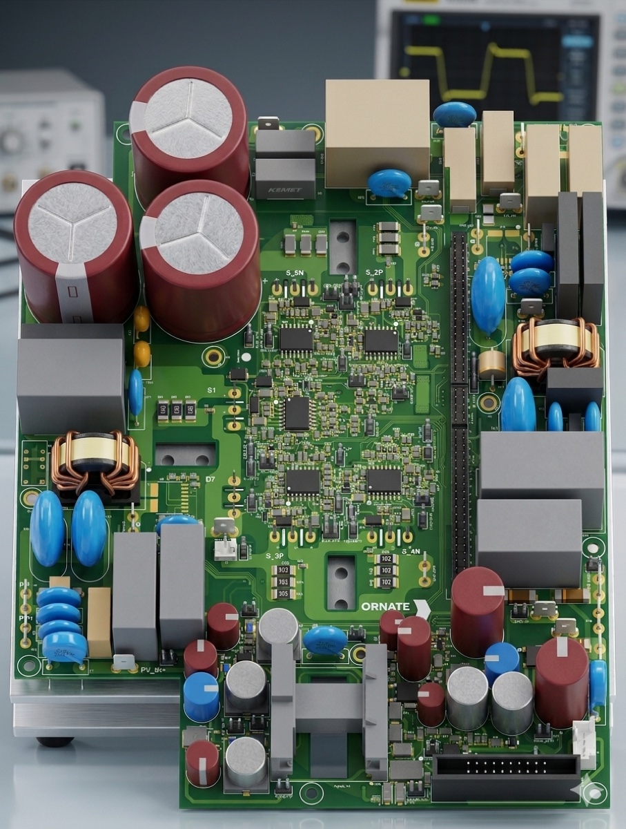 Ornate 3 kW power-electronics board — capacitor bank, planar magnetics and digital control stage