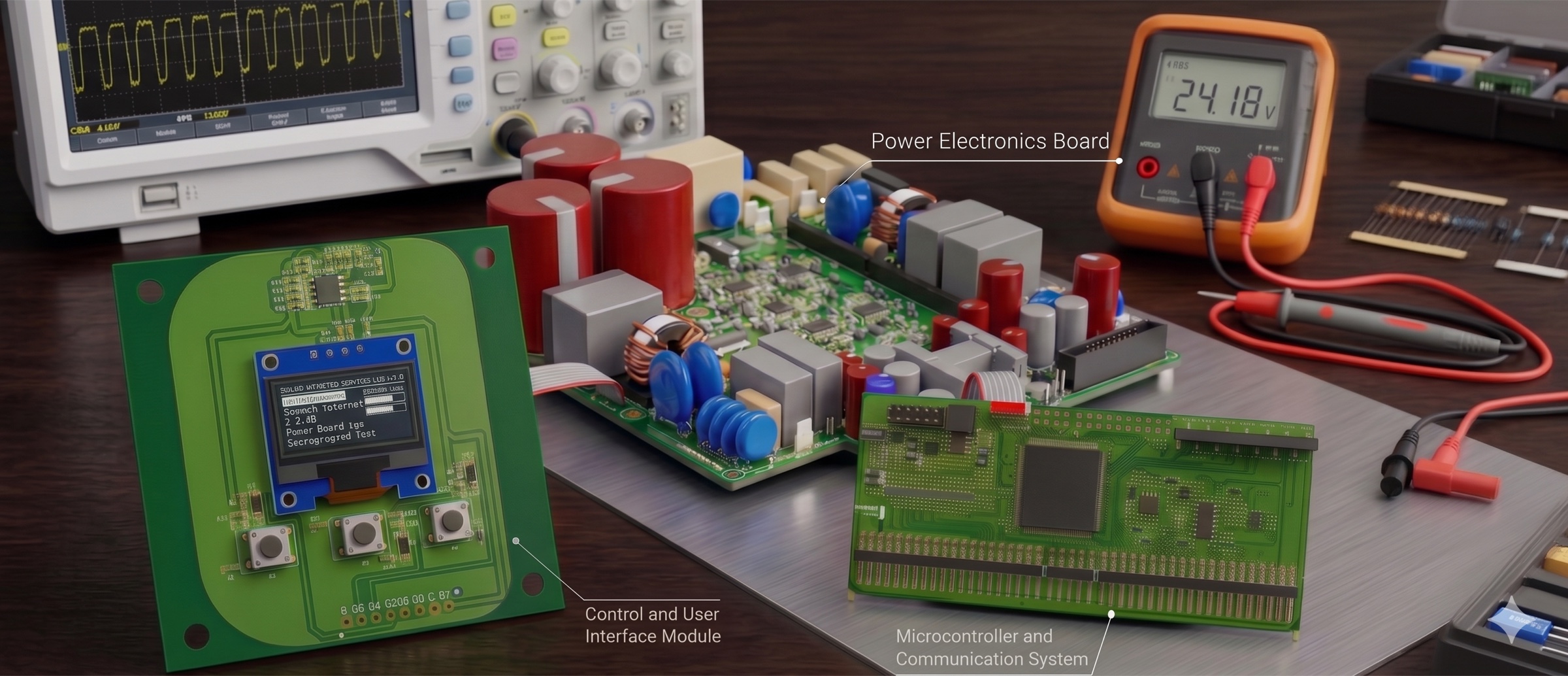 System integrated modules of the Ornate power platform — power electronics board, control and user interface module, and microcontroller and communication system on the lab bench